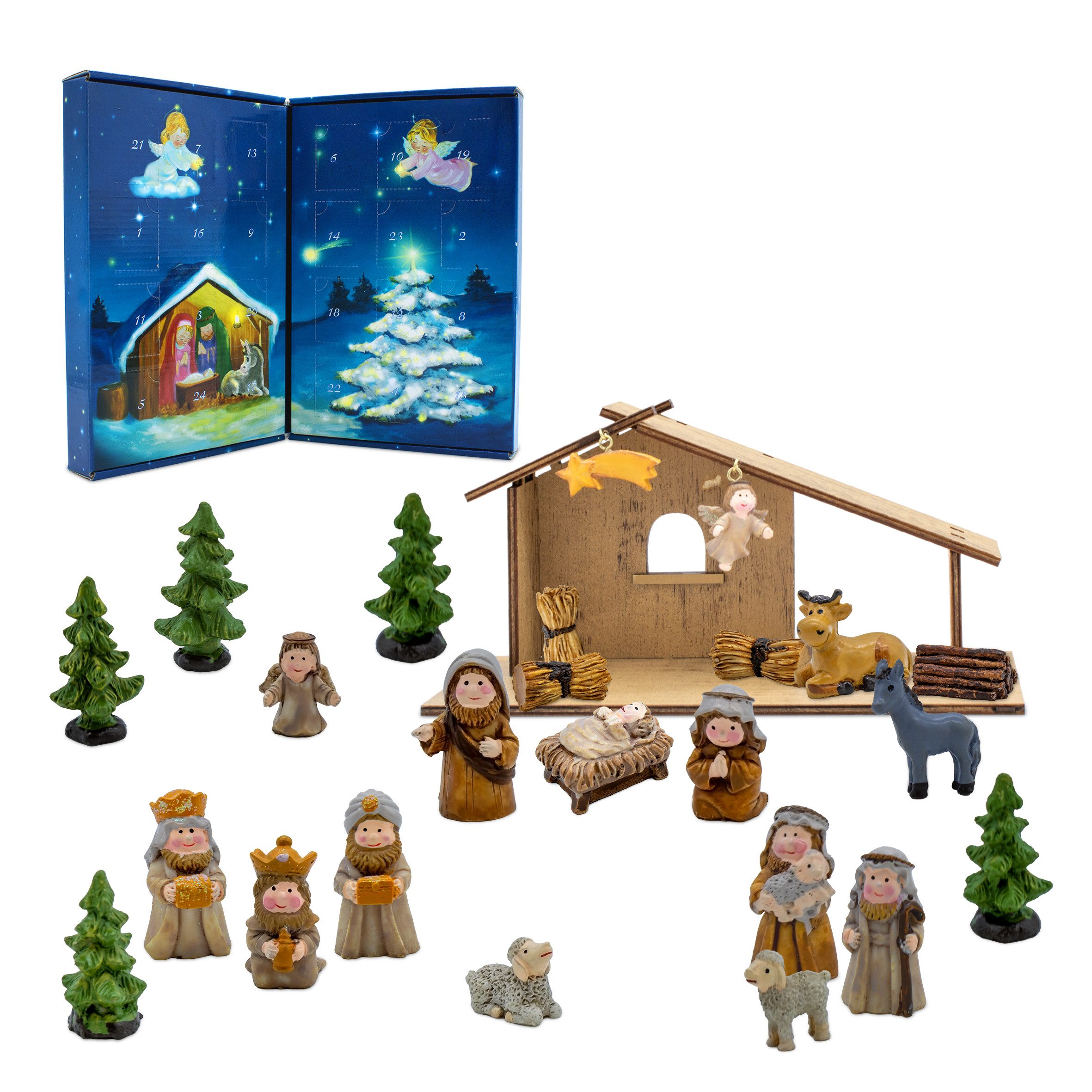 Spetebo Krippe Holz Tischkrippe mit 24 Figuren aus Kunststein (1-tlg), nutzbar als Adventskalender