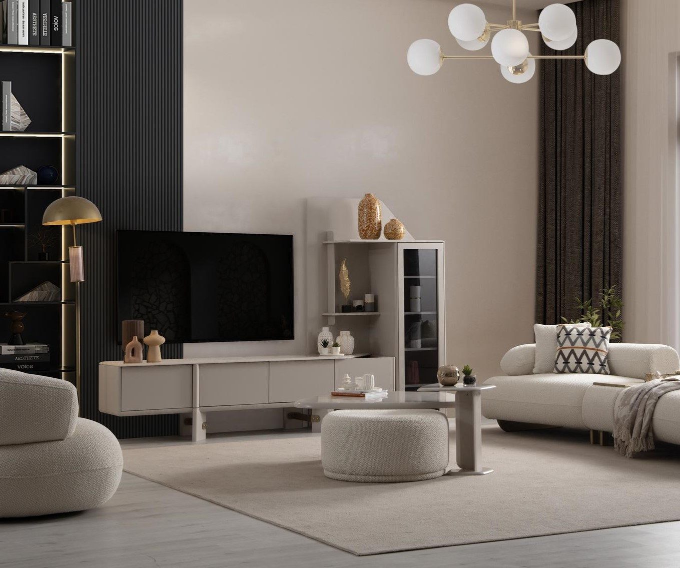 JVmoebel Wohnzimmer-Set JVMoebel Wohnzimmer Set aus Holz in Beige mit Couchtisch und Hocker