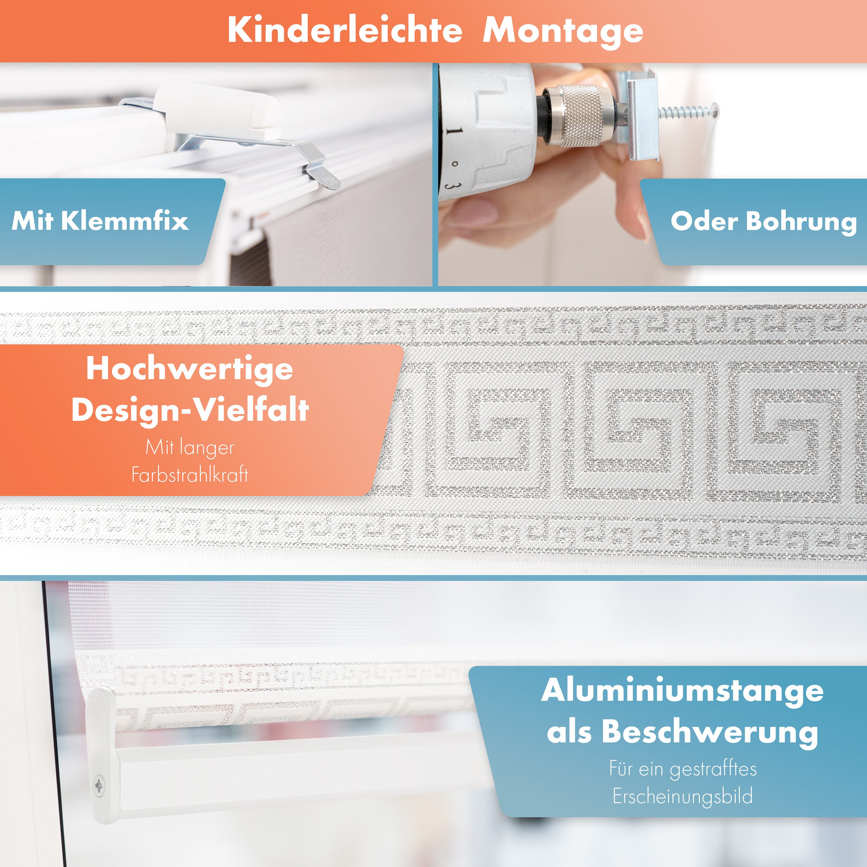 Doppelrollo mit Perlen, Mäander Ornamente Design, Bailena, Lichtschutz, ohne Bohren, freihängend, Klemmfix, glitzernd, Gardine mit Volant-Bordüre