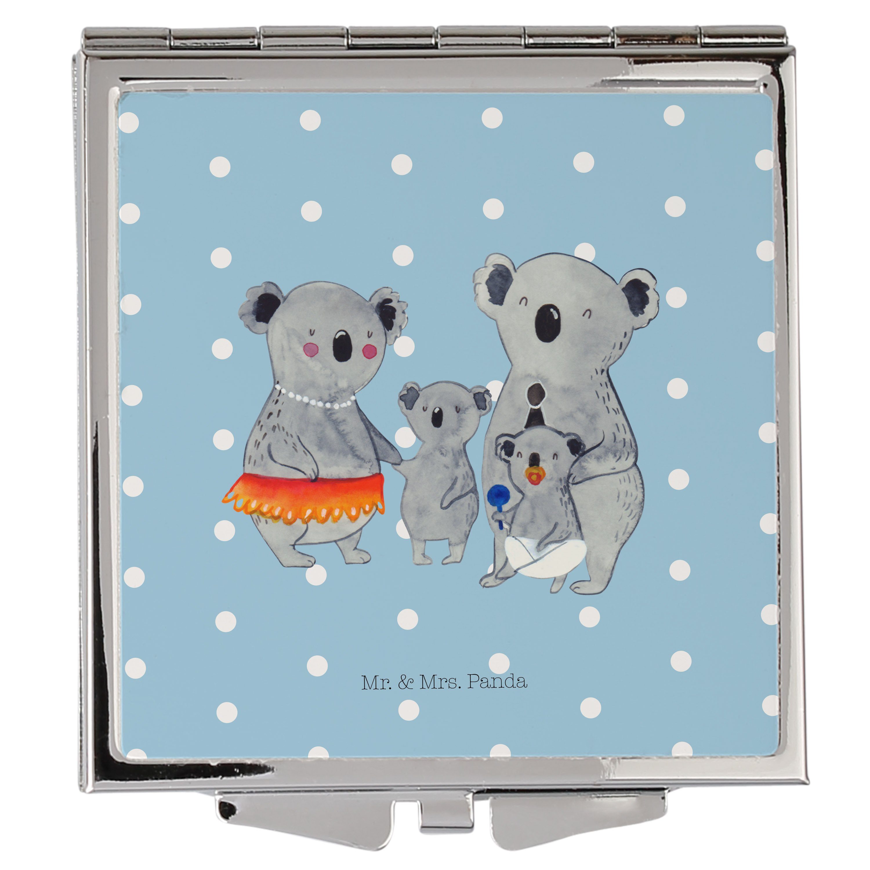 Mr. & Mrs. Panda Kosmetikspiegel Koala Familie - Blau Pastell - Geschenk, Schminkspiegel, Oma, quality (1-St)