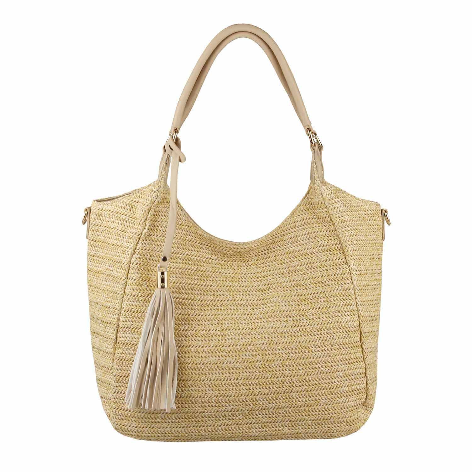 ITALYSHOP24 Schultertasche DAMEN TASCHE Strohtasche Shopper Tote Geflecht Häkeltasche Weekender, Boho Beuteltasche Leder Optik Sommer Basttasche Hobo Strand Urlaub