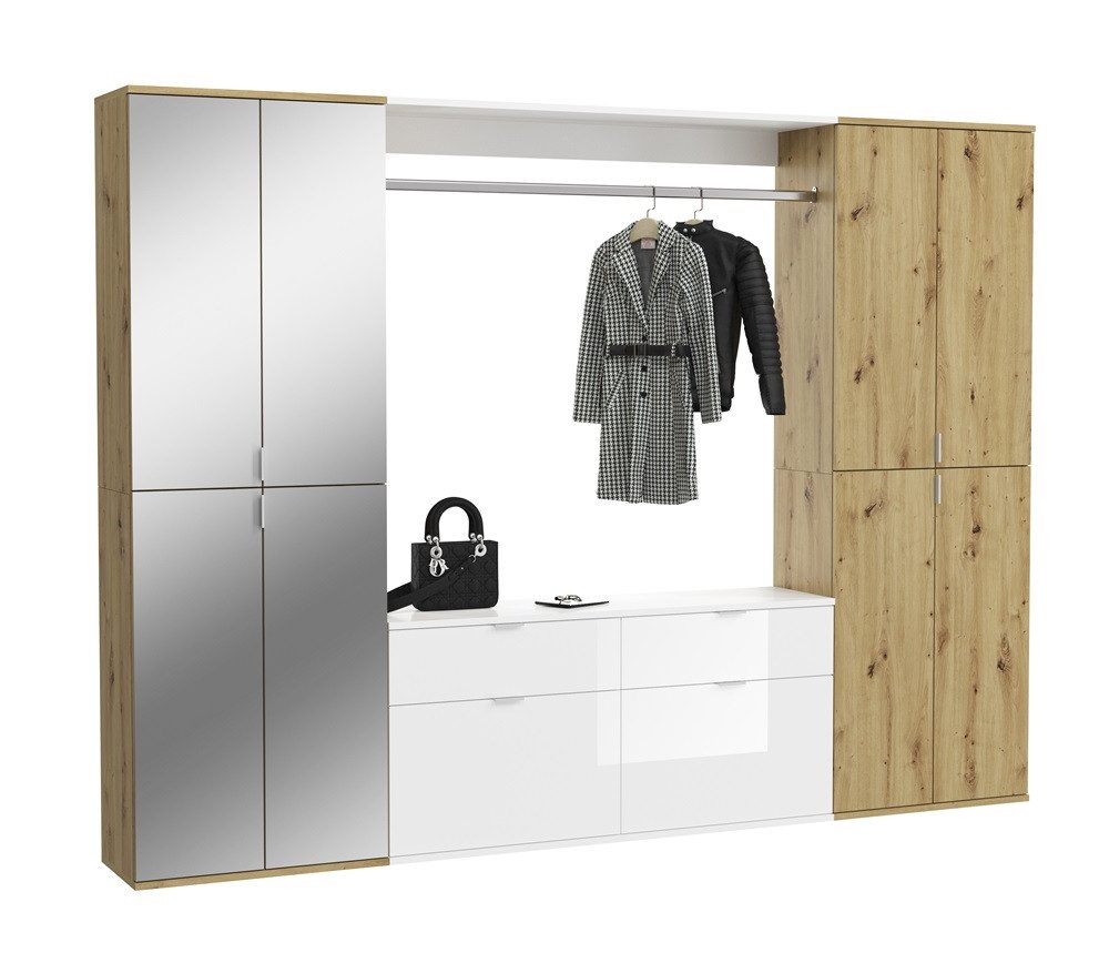 xonox.home Garderoben-Set Garderoben Set Projekt X weiß Hochglanz Eiche Spiegeltüren 3-teilig, (3-St), Garderoben-Set, Flurgarderoben Set 3-teilig, Kompaktgarderobe