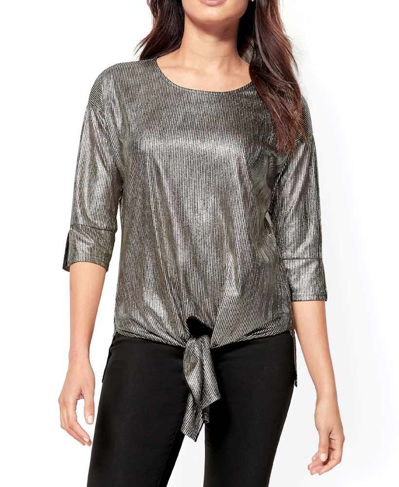 CRÉATION creation Bindebändern, L goldfarben Jacquard-Shirt Damen Rundhalsshirt m. L