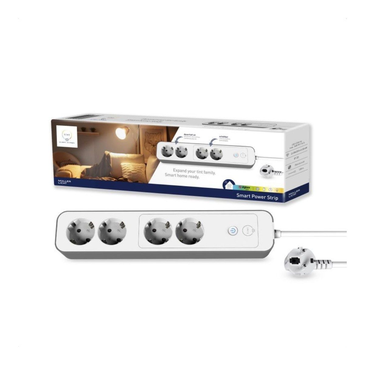 tint Schalter T:Tint 4fach Steckdosenleiste Zigbee 1 8 m Weiß, Smart 4 fach Plug Mehrfachsteckdose 8m
