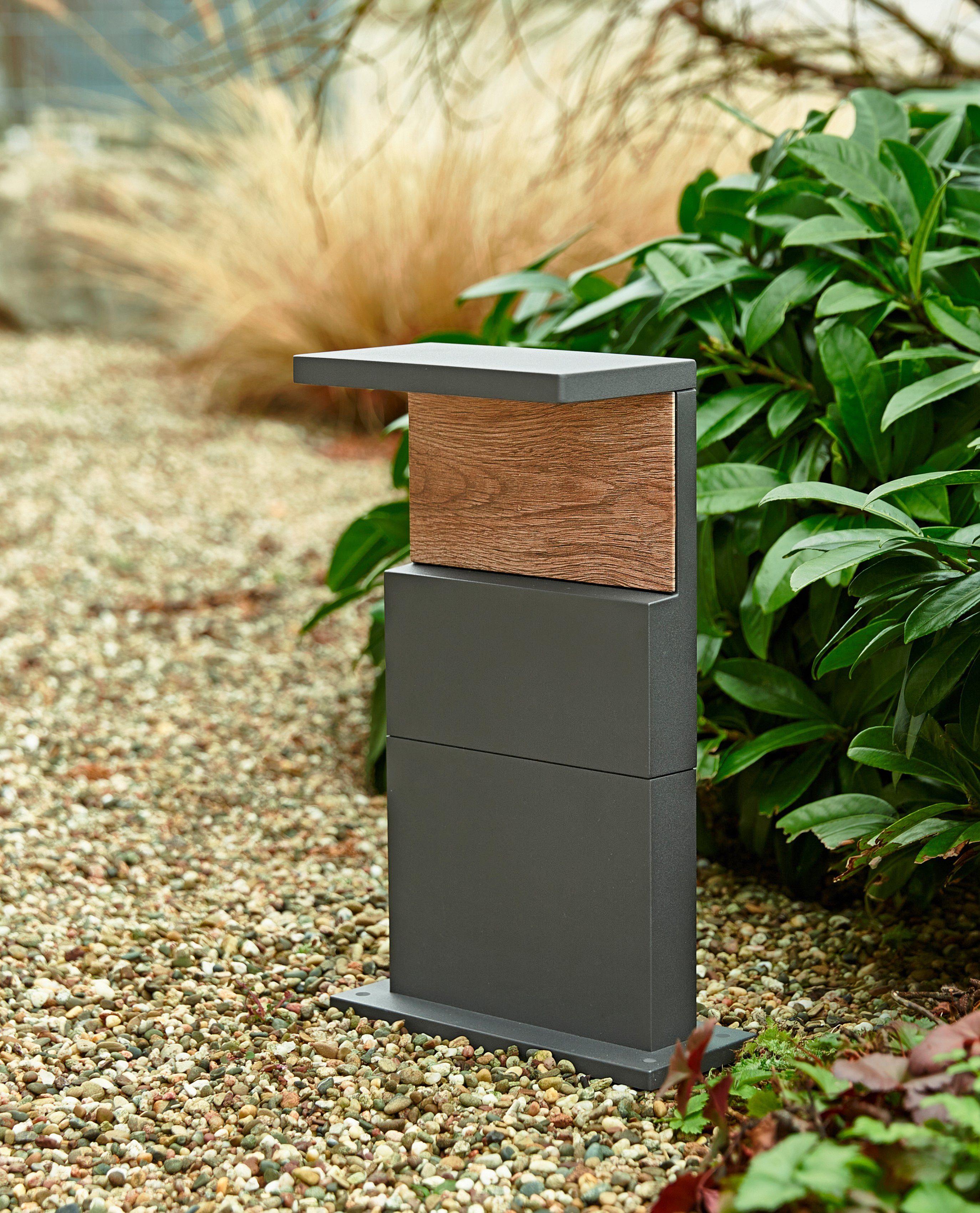 HEITRONIC LED Sockelleuchte Manao, LED fest integriert, Warmweiß, Holzdekor, Standleuchte, Außenlampe, Standlampe, Sockellampe