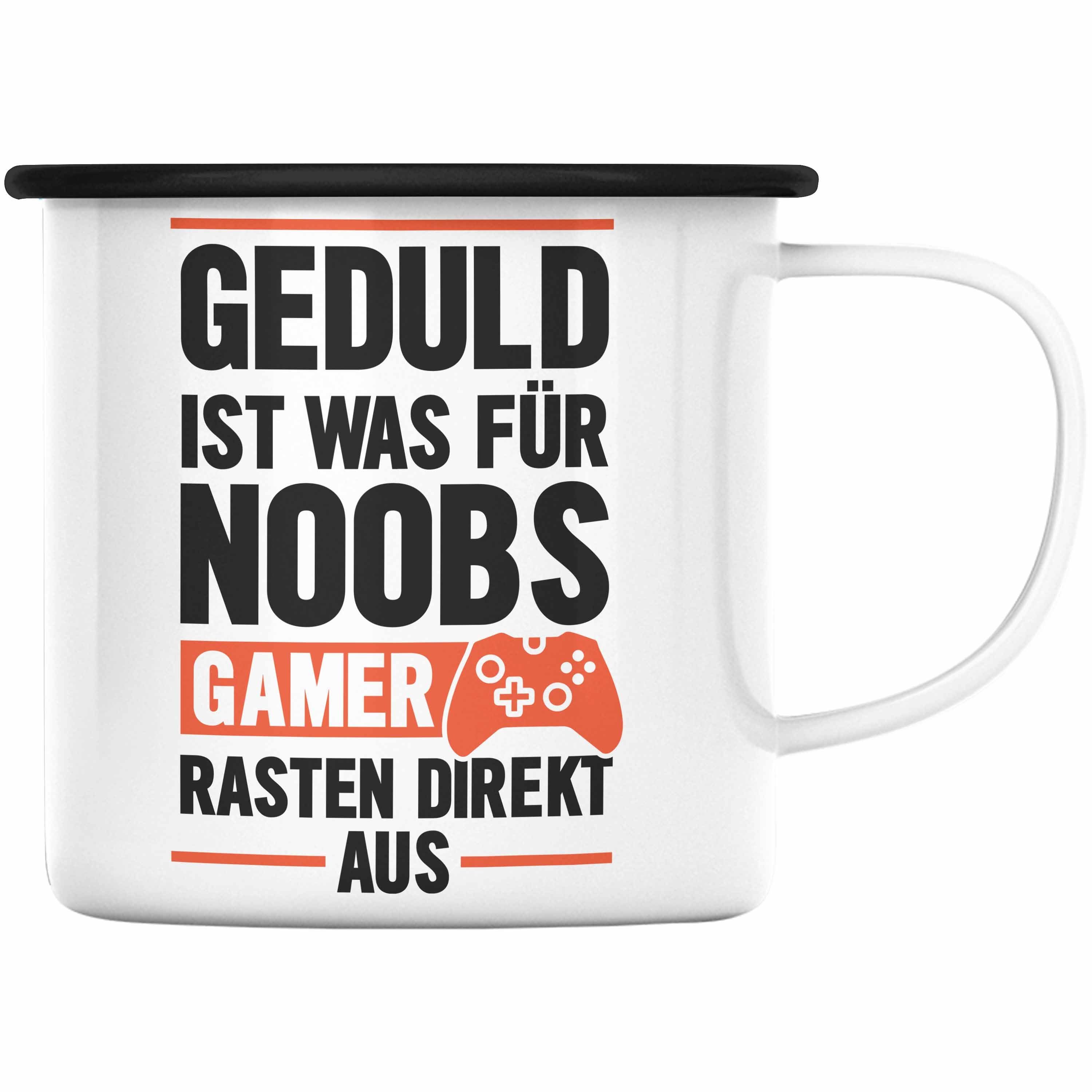 Trendation Thermotasse Trendation - Gamer Spruch Emaille Tasse Controller Geschenk - Geduld Ist Was Für Noobs - Zocker Emaille Tassen Geschenk Jungs Jungen Gaming Schwarz