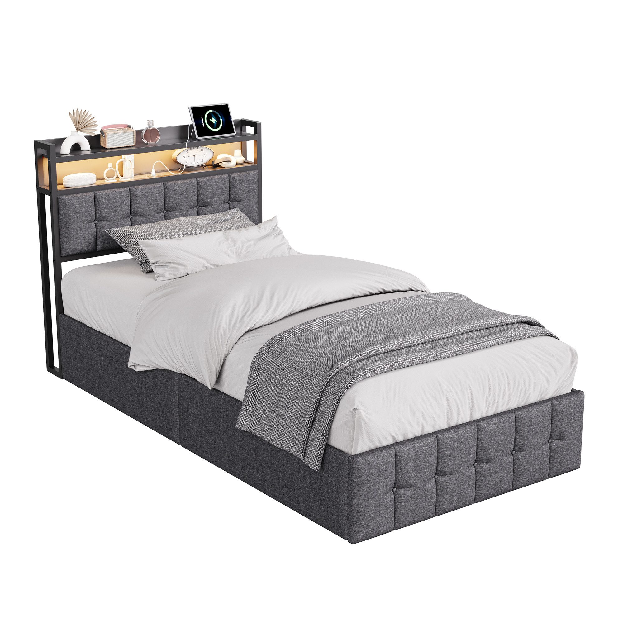 PXloue Polsterbett LED Einzelbett 90x200cm mit Ladefunktion und hydraulischem Stauraum, Geeignet für kleine Wohnungen (mit zusätzlichem Stauraum) – Bild 2 von 5