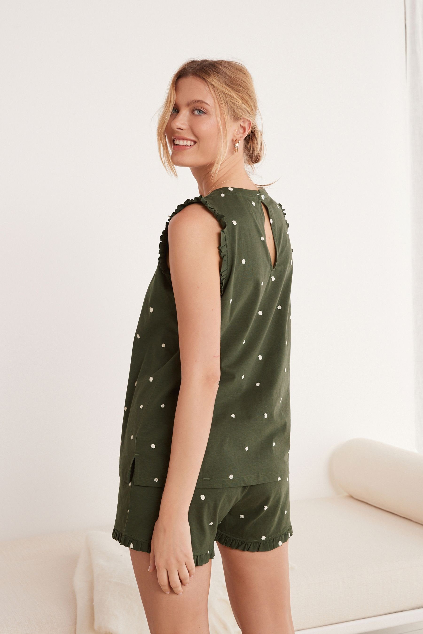 Next Pyjama Schlafanzug mit und Baumwolle Green Trägertop tlg) Spot Shorts aus (2