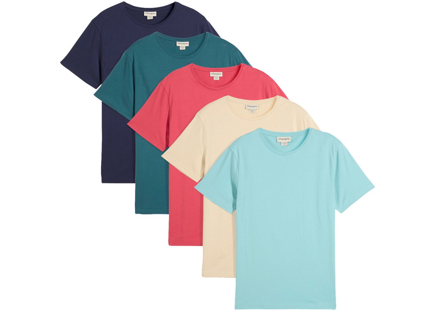 bonprix T-Shirt (Packung, 5-tlg., 5er) Regular Fit, Kurzarm, für warme Tage, aus Baumwolle und Viskose