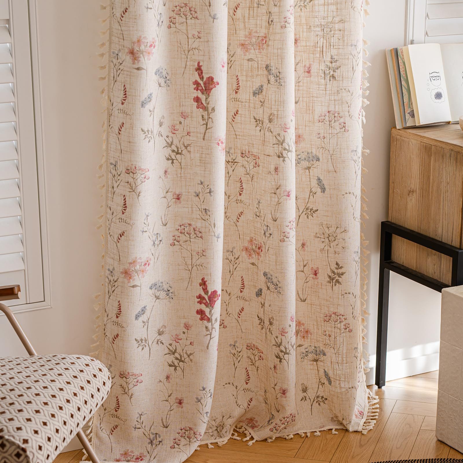 Diwzbyn Vorhang Boho-Blumen-Vorhang, halbtransparenter Vorhang im Landhausstil