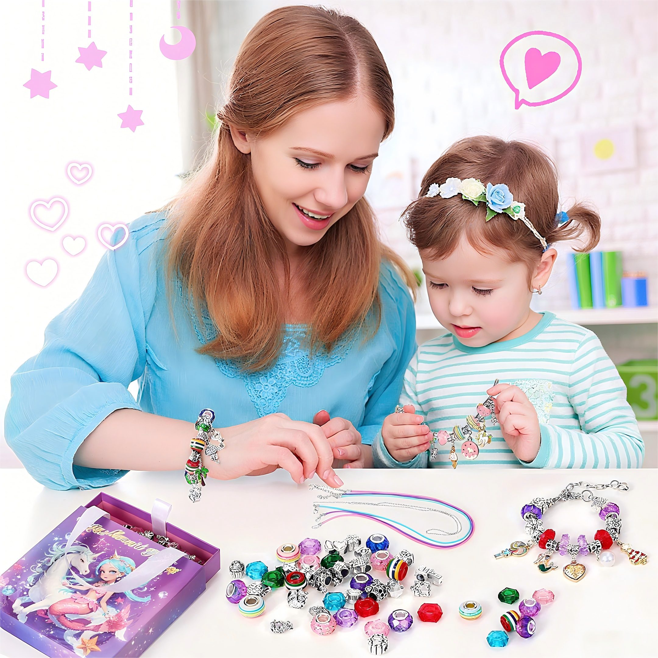 POPOLIC Schmuckset Geschenke für Mädchen, Schmuck Basteln Mädchen (Einschulung Mädchen Bastelset Kinder Armbänder Selber Machen Spielzeug Ostergeschenke, 1-tlg), Mädchen Geschenke 5 6 7 8 9 10 11 12 13 Jahre