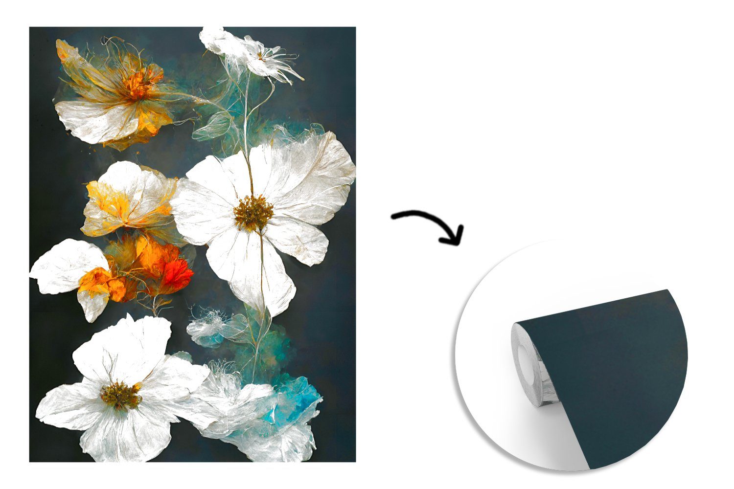 Matt, Blumen (4 Weiß, Montagefertig MuchoWow Vinyl Wandtapete - Schwarz Pflanzen Fototapete St), - - Tapete für bedruckt, Wohnzimmer,