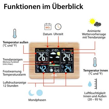ADE Wetterstation Funk mit Außensensor, mit animierter Vorhersage Funkwetterstation (mit Barometer, LED-Farbdisplay, Funkwecker, Bambusrahmen)