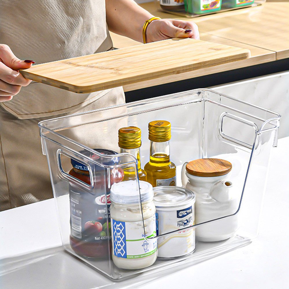 POPOLIC Auflagenbox Küchen-Aufbewahrungsbox, transparenter Boxkörper, Bambusabdeckung