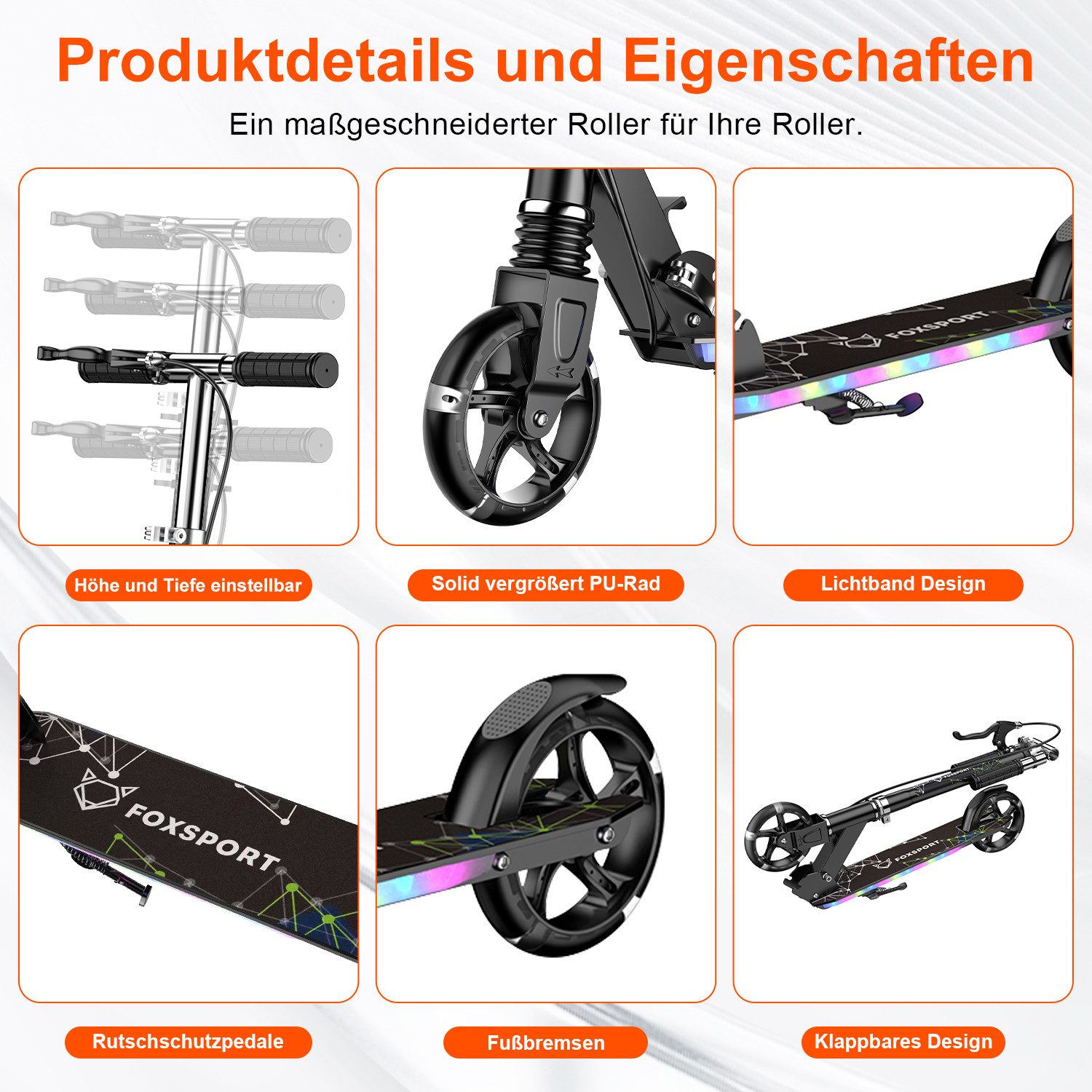 FOXSPORT Cityroller klappbar & höhenverstellbar, 1 km/h, Kick Scooter mit LED-Radlicht & Fußplattenbeleuchtung