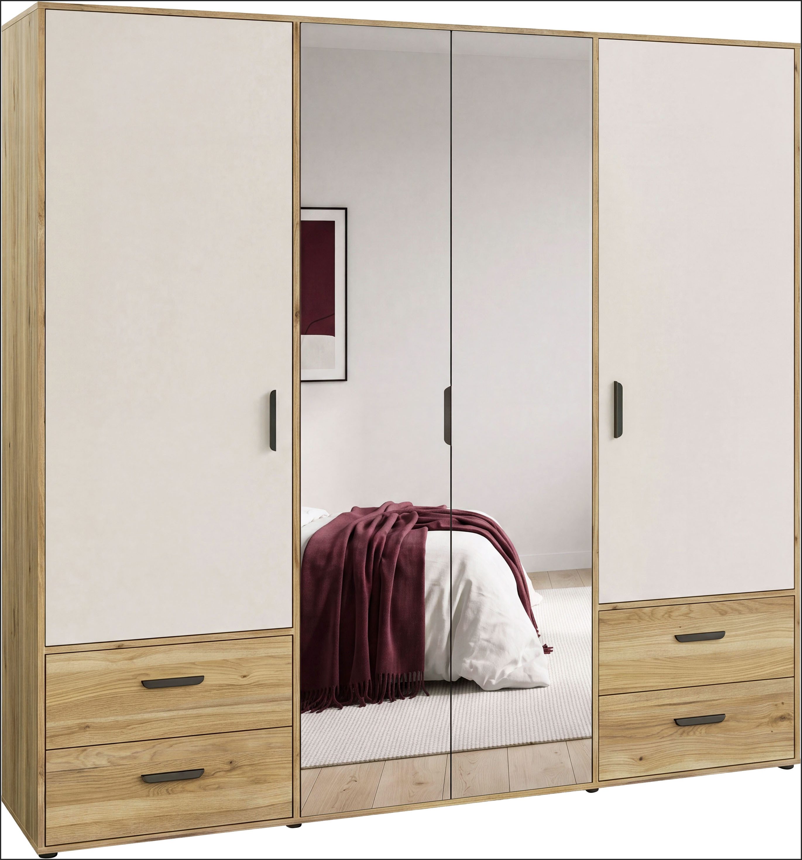 OTTO home Kleiderschrank AALOX, Garderobe, Spiegel, 4-türig, viel Stauraum, zeitloses Design (B/H/T ca. 206/200/53) modern, ca. 200cm breit, 4 Schubladen, schwarze Griffe, Made in Europa