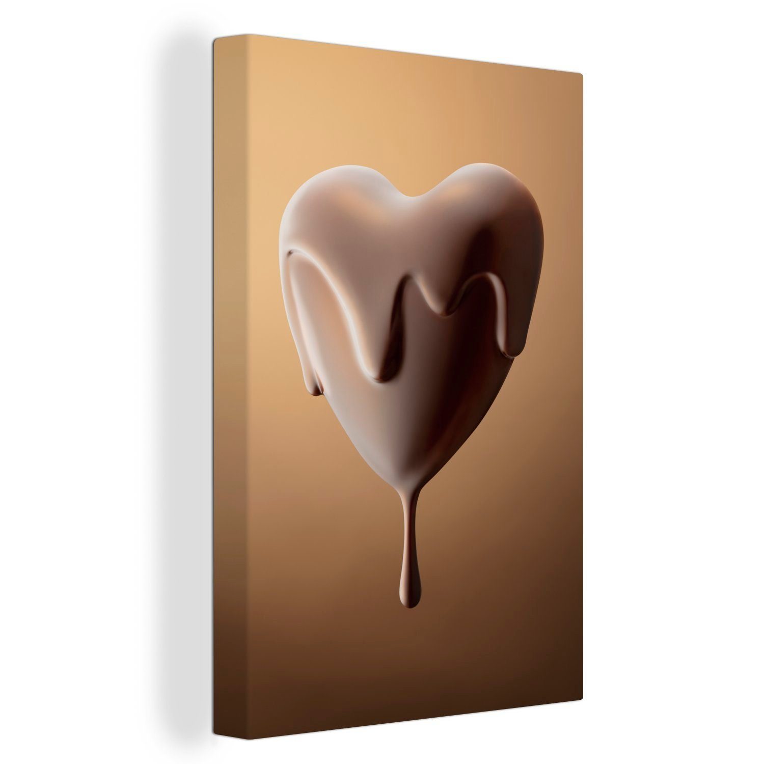 OneMillionCanvasses® Leinwandbild Ein herzförmiges, mit fertig cm 20x30 überzogenes Gemälde, inkl. Leinwandbild bespannt Schokolade (1 St), Bonbon, Zackenaufhänger