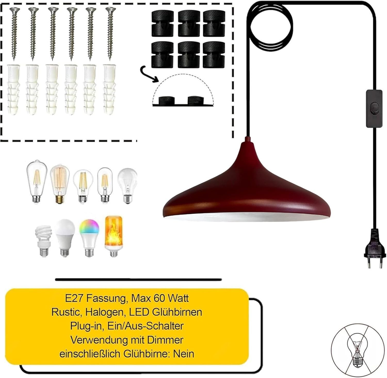 Bamyum Pendelleuchte Champion Pendelleuchte mit Stecker 35 cm, Metall mit 450 cm Kabel, ohne Leuchtmittel – Bild 4 von 5