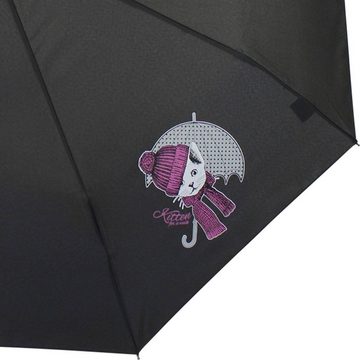 doppler® Taschenregenschirm bedruckter Taschenschirm mit Auf-Zu-Automatik, eine süße Katze auf einem praktischen Begleiter