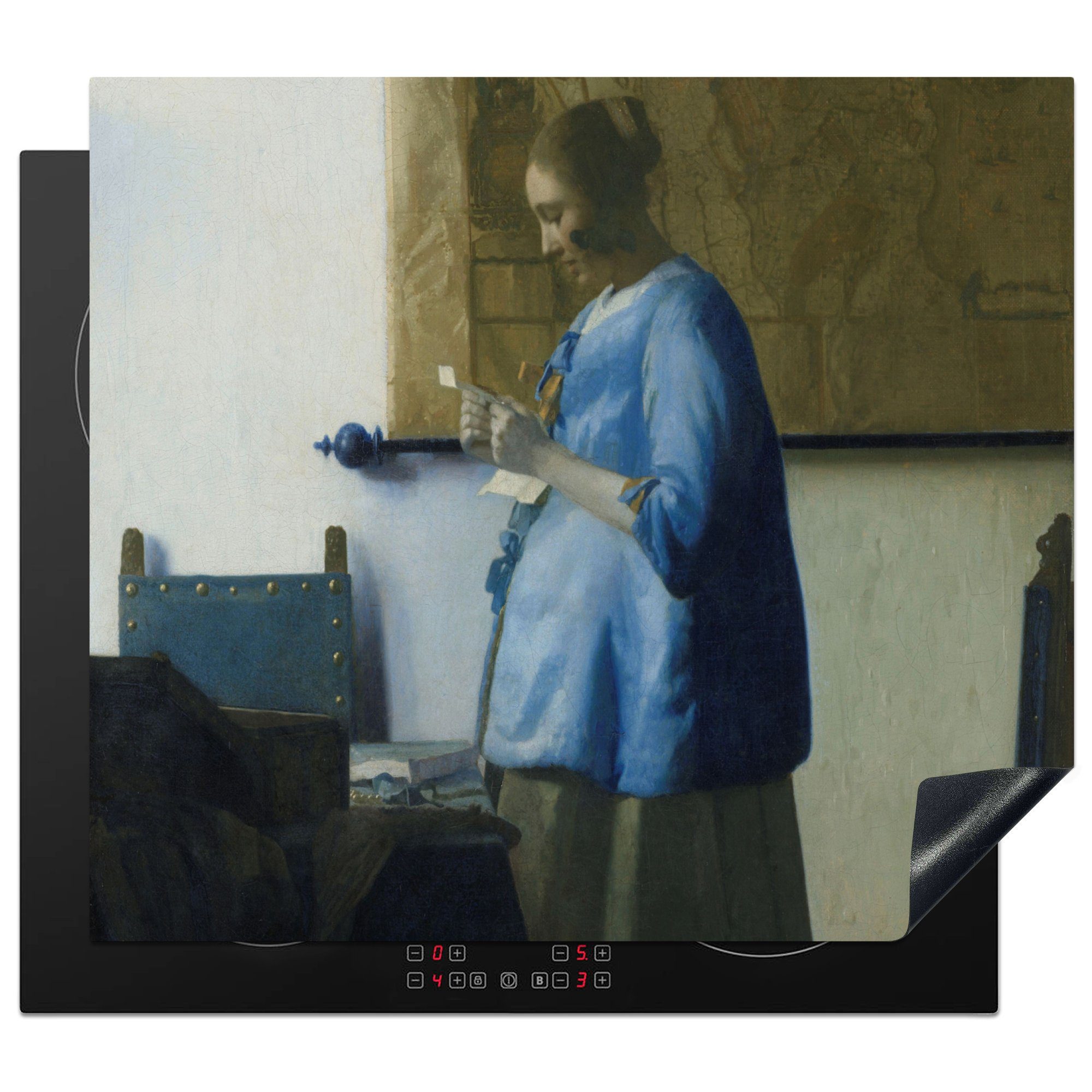 MuchoWow Herdblende-/Abdeckplatte Frau Vinyl, tlg), von Johannes - 59x52 für (1 Blau in Brief Induktionsmatte einen liest Vermeer, Gemälde die küche, cm, Ceranfeldabdeckung