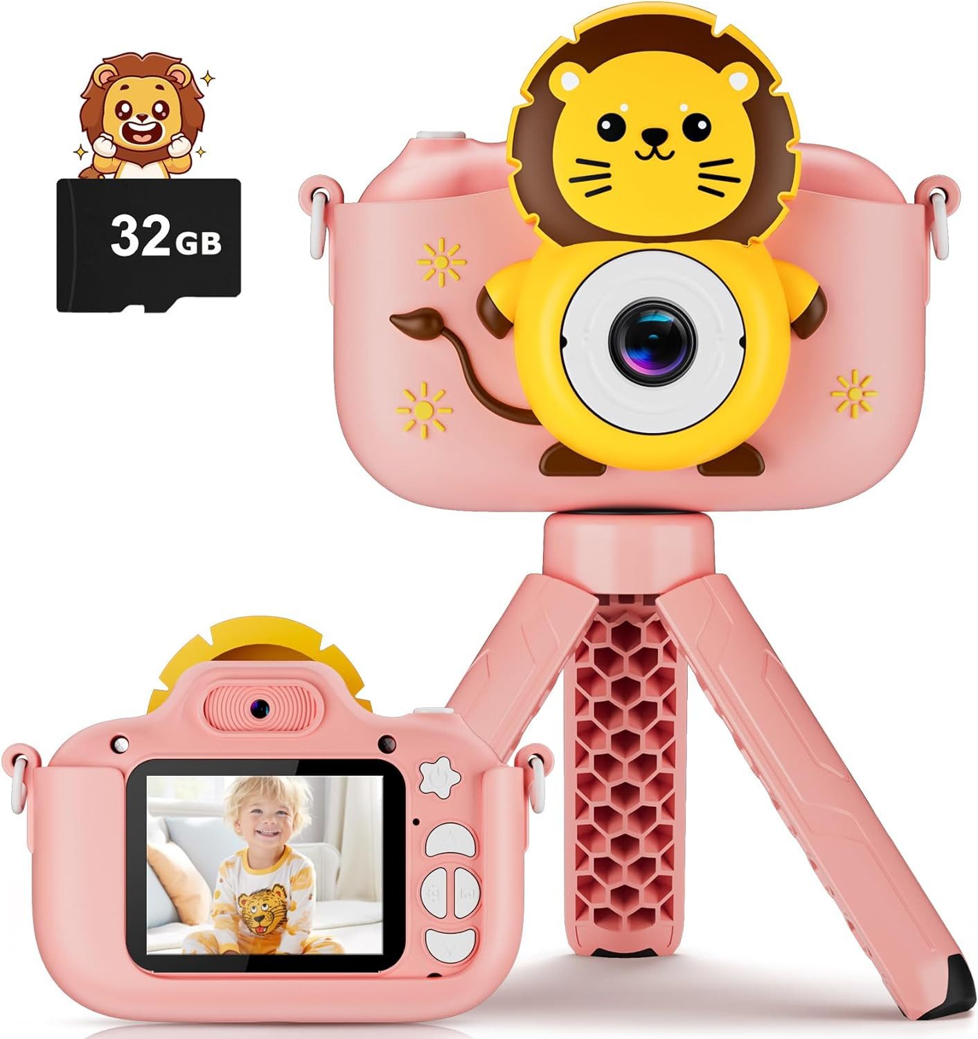 DIAMOOKY Kinderkamera (20 MP, 8x opt. Zoom, inkl. mit Autofokus, Digitalzoom und HD-IPS-Objektiv in stoßfestem Design, Kinderkamera, 1080P HD, 2,0-Zoll-Bildschirmkamera, 32 GB SD-Karte)