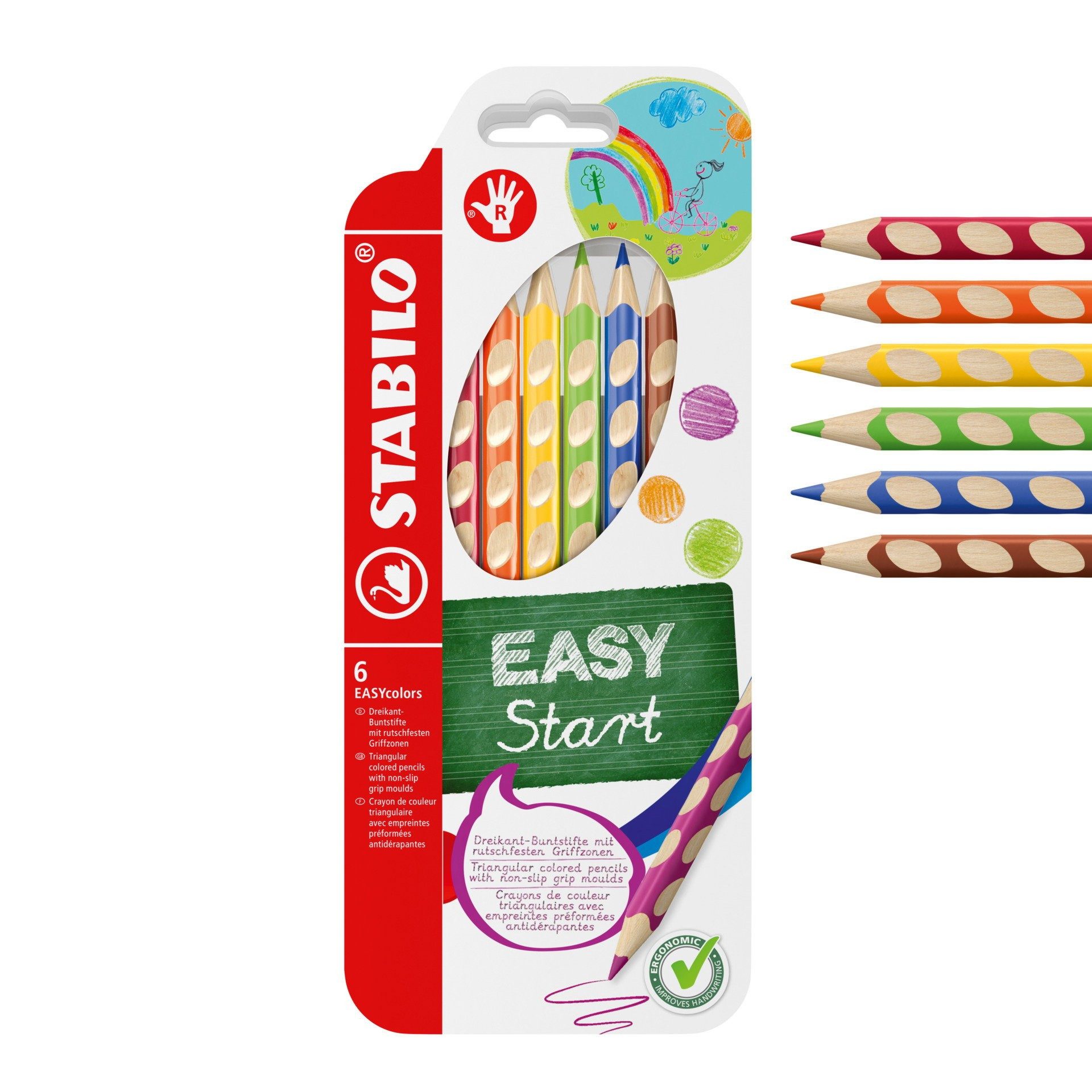 STABILO Buntstift EASYcolors Ergonomische Buntstifte für Rechtshänder 6er Set, Ergonomische Dreikantform mit Griffmulden und Namensfeld