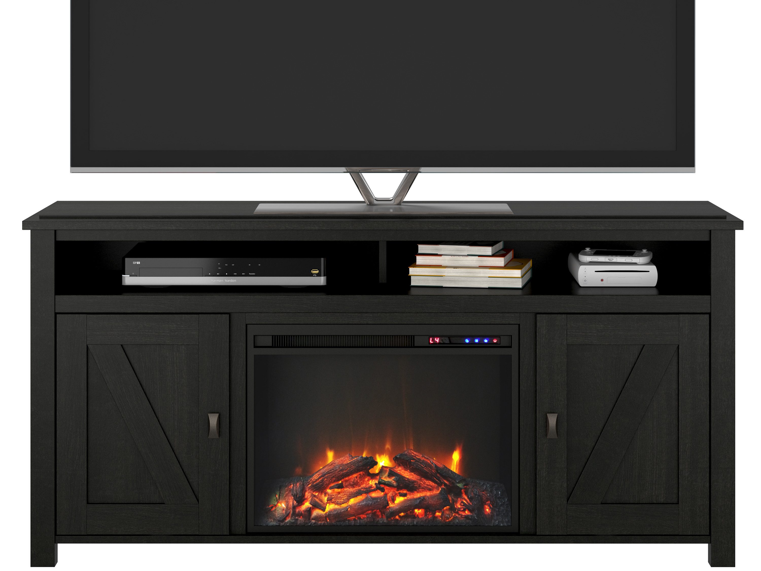 loft24 Kaminumbauschrank Farmington - Sideboard TV-Lowboard Elektrokamin Fernsehschrank 2 Türen, offene Fächer, Landhausstil
