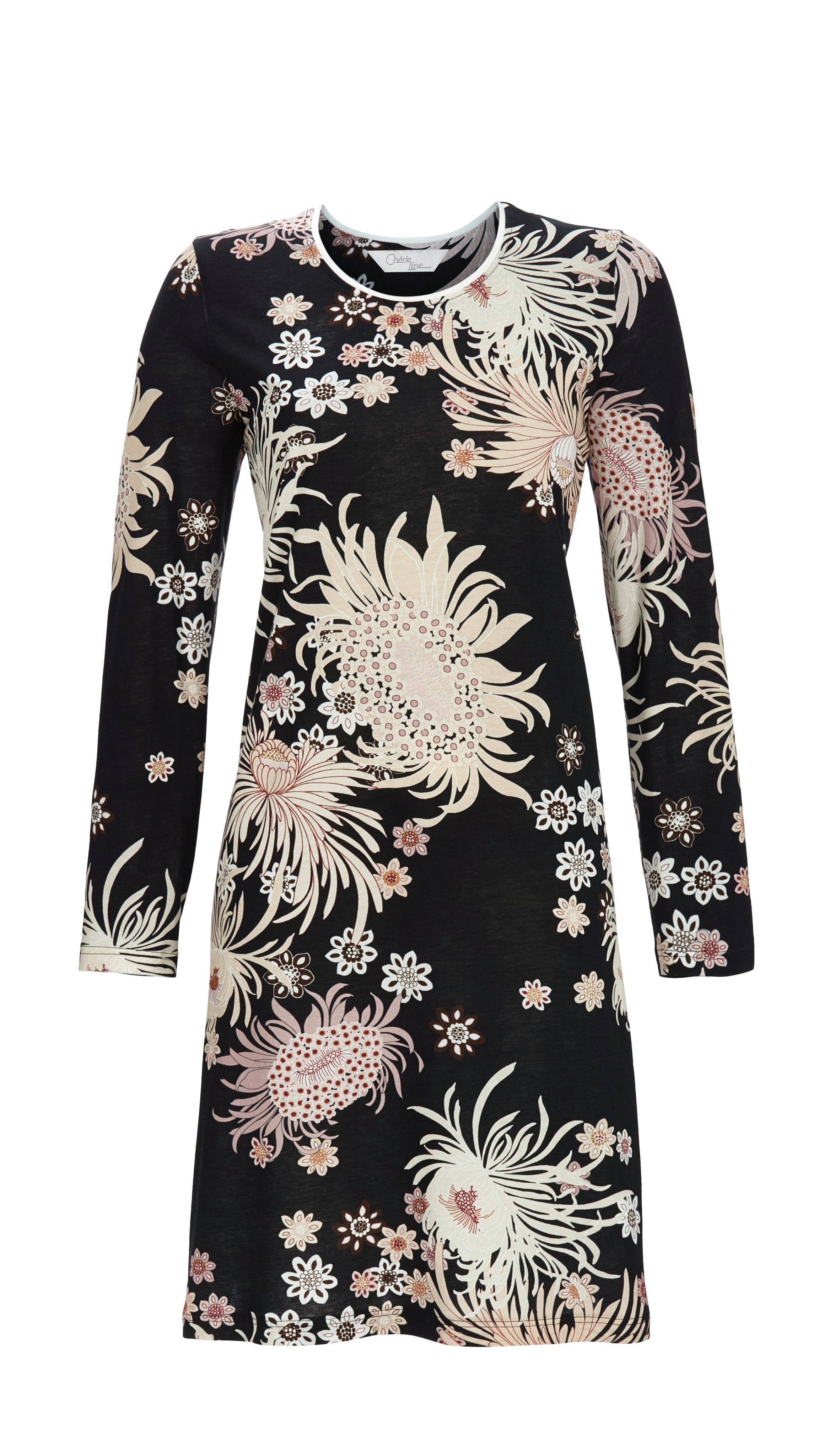 Chérie Line Nachthemd mit Blumenallover auf schwarzem Fond günstig online kaufen