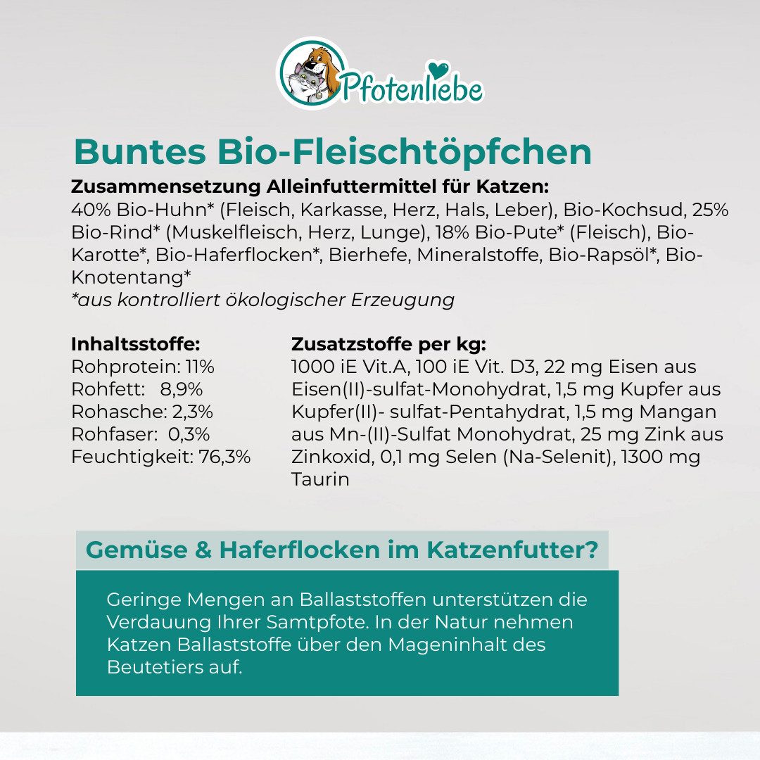 Pfotenliebe Buntes Bio-Fleischtöpfchen 6x100g, Nassfutter für: Katzen