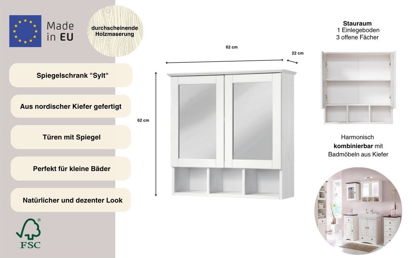 welltime Spiegelschrank Landhaus Sylt Badschrank, Badmöbel, FSC®-zertifiziert Breite 62,5 cm, aus Massivholz