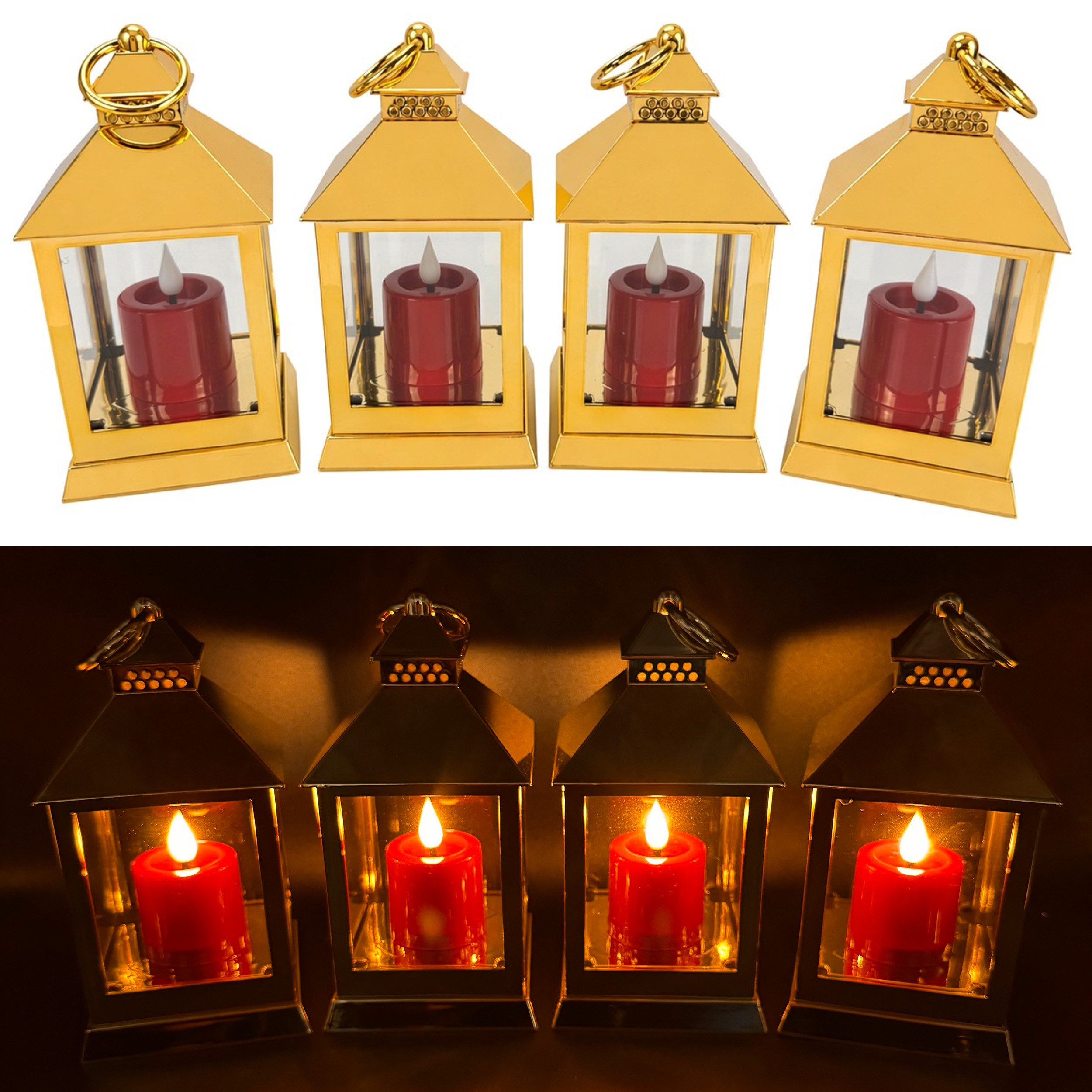 Online-Fuchs LED Laterne - 4er Set Deko Laternen mit LED-Kerzen und 6-Stunden Timerfunktion, mit realistischer Kerzenflamme, warmweiße Beleuchtung, glänzender Shiny-Look - aus Kunststoff gefertigt