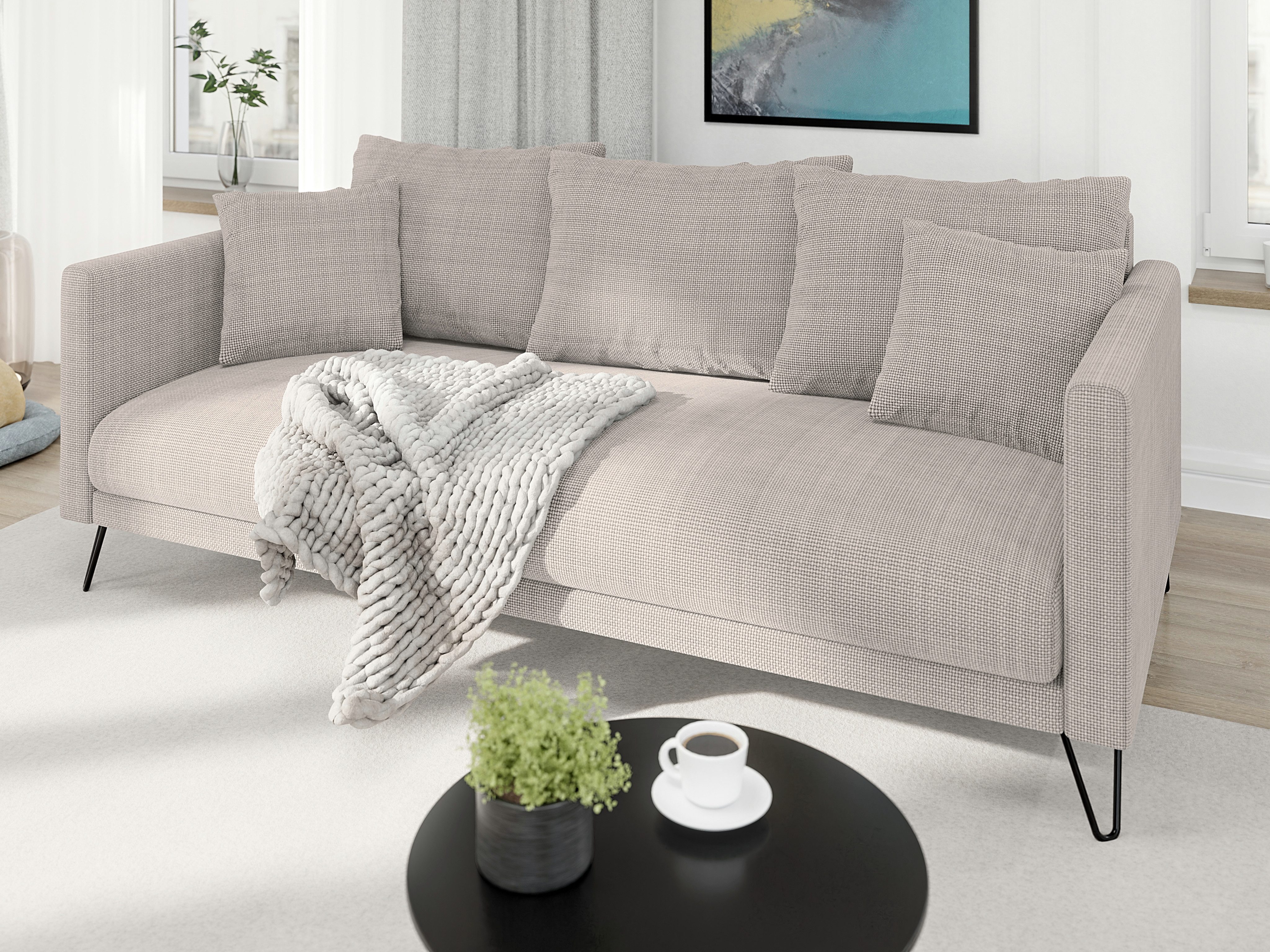 S-Style Möbel 3-Sitzer Sofa Harmony aus Chenille-Stoff mit Hohen Schwarzen Metallfüßen, mit Wellenfederung