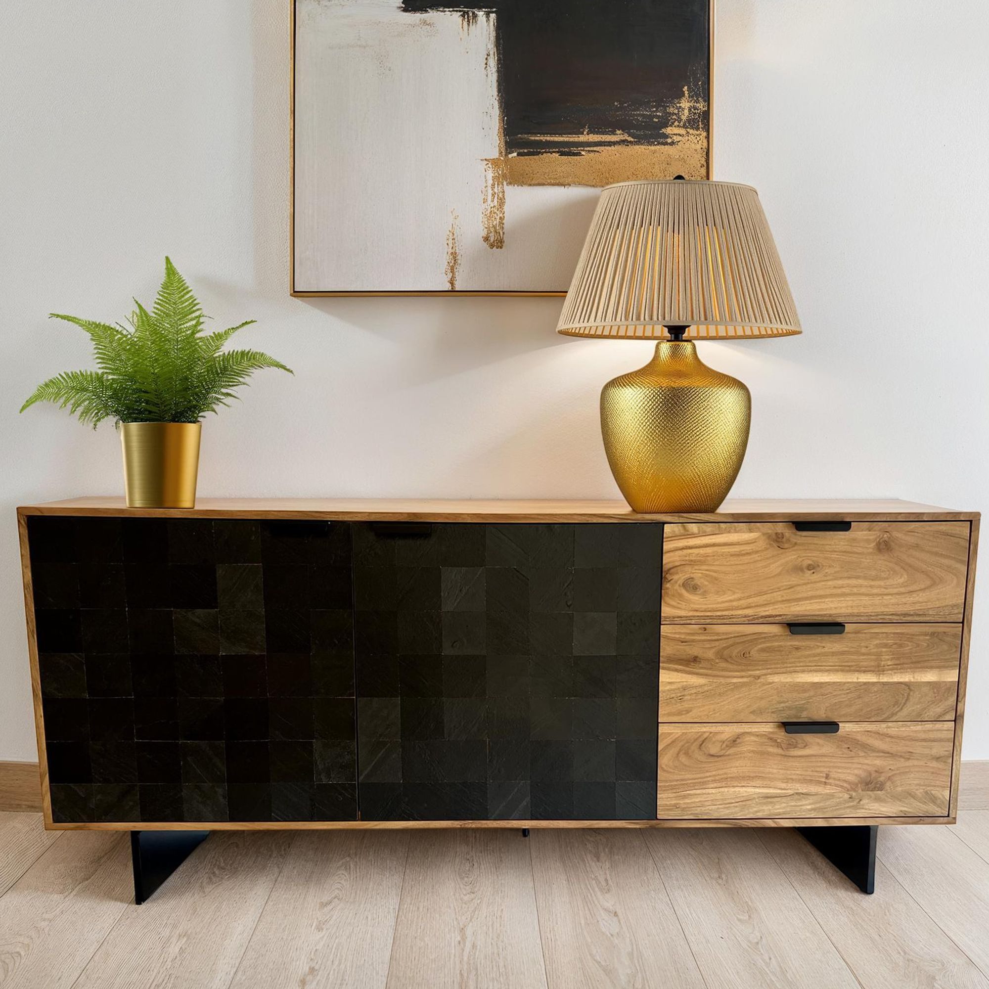 FINEBUY Sideboard FB109846 175 cm Massivholz Steinoptik Kommode Anrichte Türen (175 cm Massivholz Braun, Kommode Steinoptik), Anrichte Modern, Standschrank Türen & Schubladen