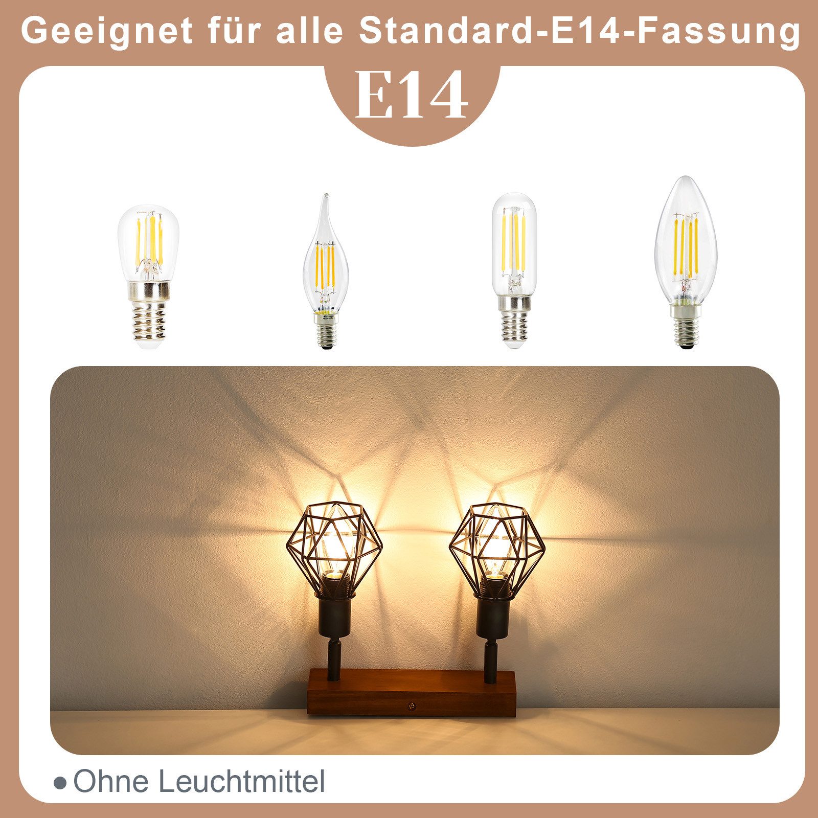 Nettlife Deckenleuchte Holz Deckenlampe E14 Metall Schwenkbar 350°, Schwenkbar 350°, LED wechselbar, für Wohnzimmer Flur Schlafzimmer – Bild 3 von 5