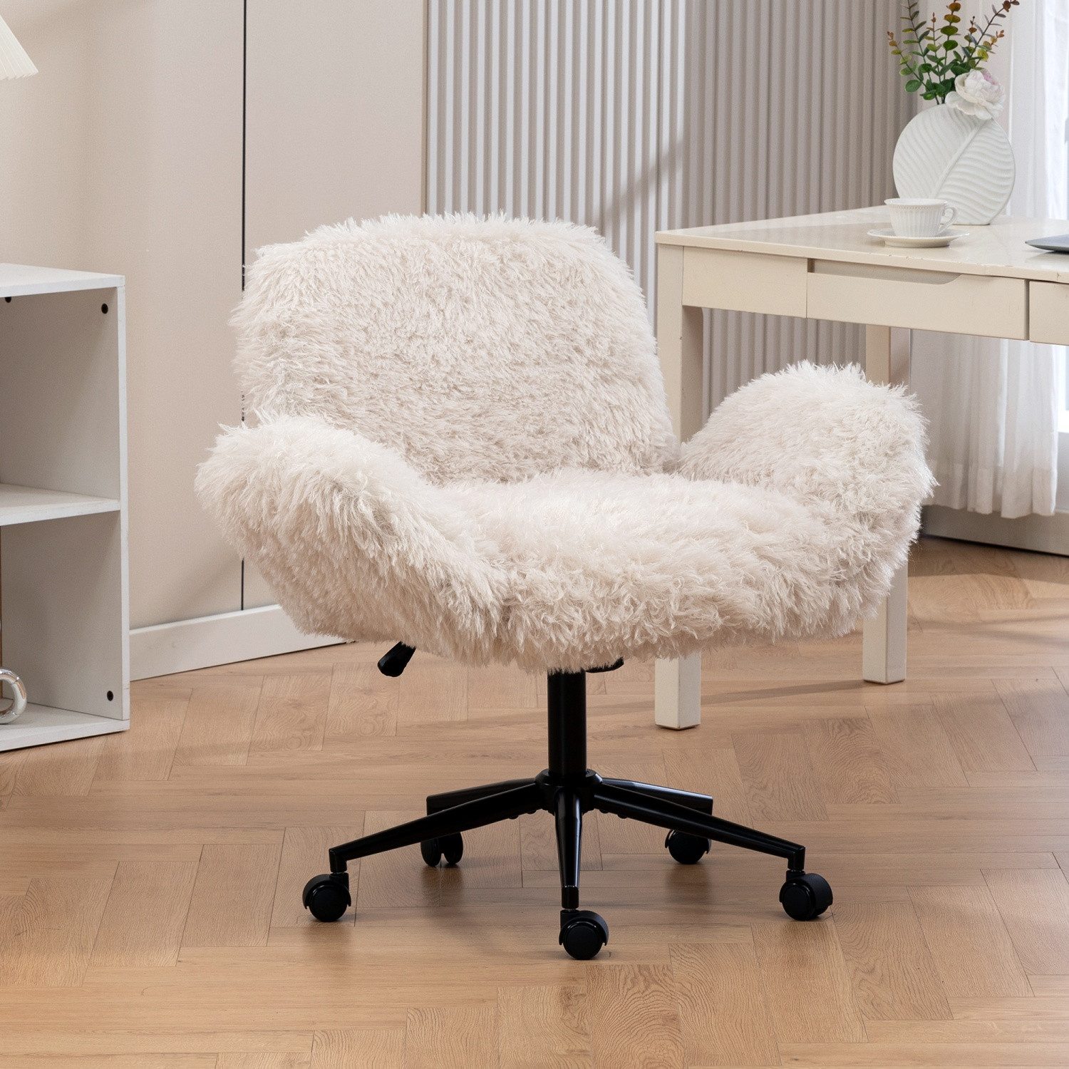 ANYSUN Bürostuhl Lammfellimitat, höhenverstellbar, Armlehnen verstellbar, 360° drehbar, Dick gepolstert, mit Rückenlehne, für Homeoffice & Schminktisch