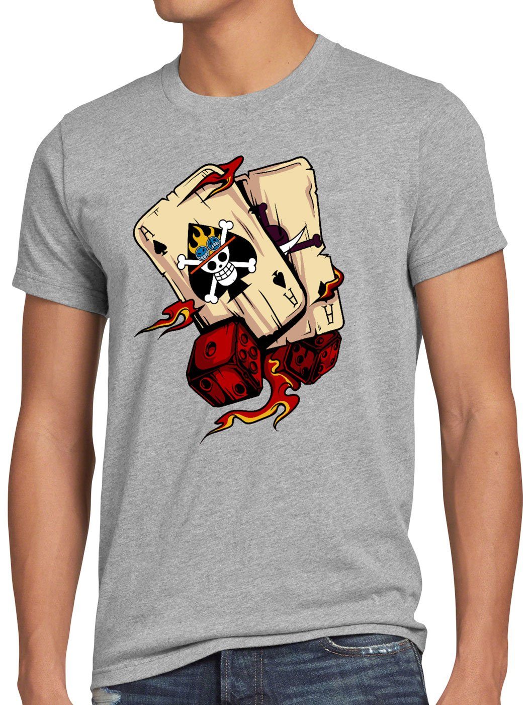 style3 Print-Shirt Herren T-Shirt One Ace poker piece strohhut bande anime manga grau meliert | T-Shirts