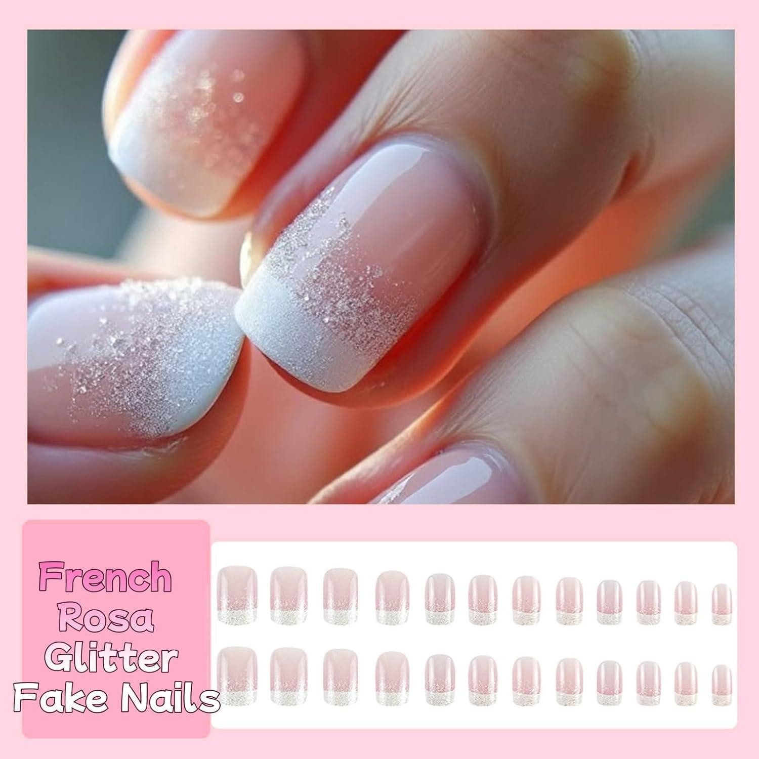 LuxusKollektion Kunstfingernägel Falsche Nägel 24 Stück French Rosa French Glitter 1 ml (1er Pack)