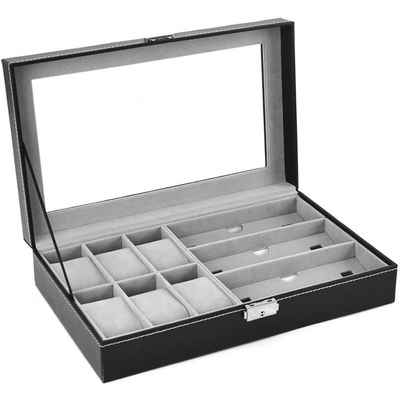 BTTO Uhrenbox Schmuckkästchen,Uhrenkasten 6 Uhren,3 Stück Brillen Aufbewahrung, PU-Leder,mit Metallschloss, Schlüssel und herausnehmbaren Uhrenkissen