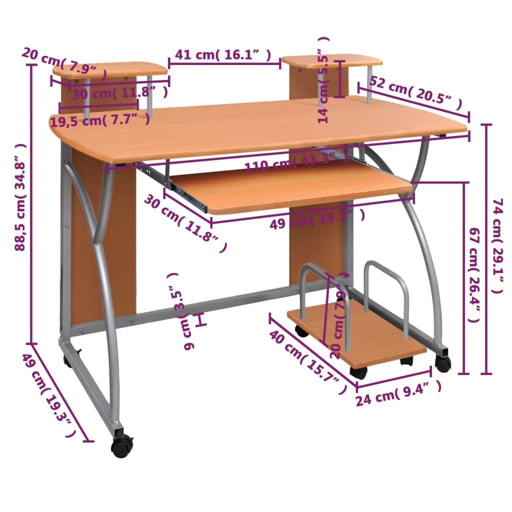 110x52x88,5 cm Schreibtisch Braun furnicato Holzwerkstoff Computertisch