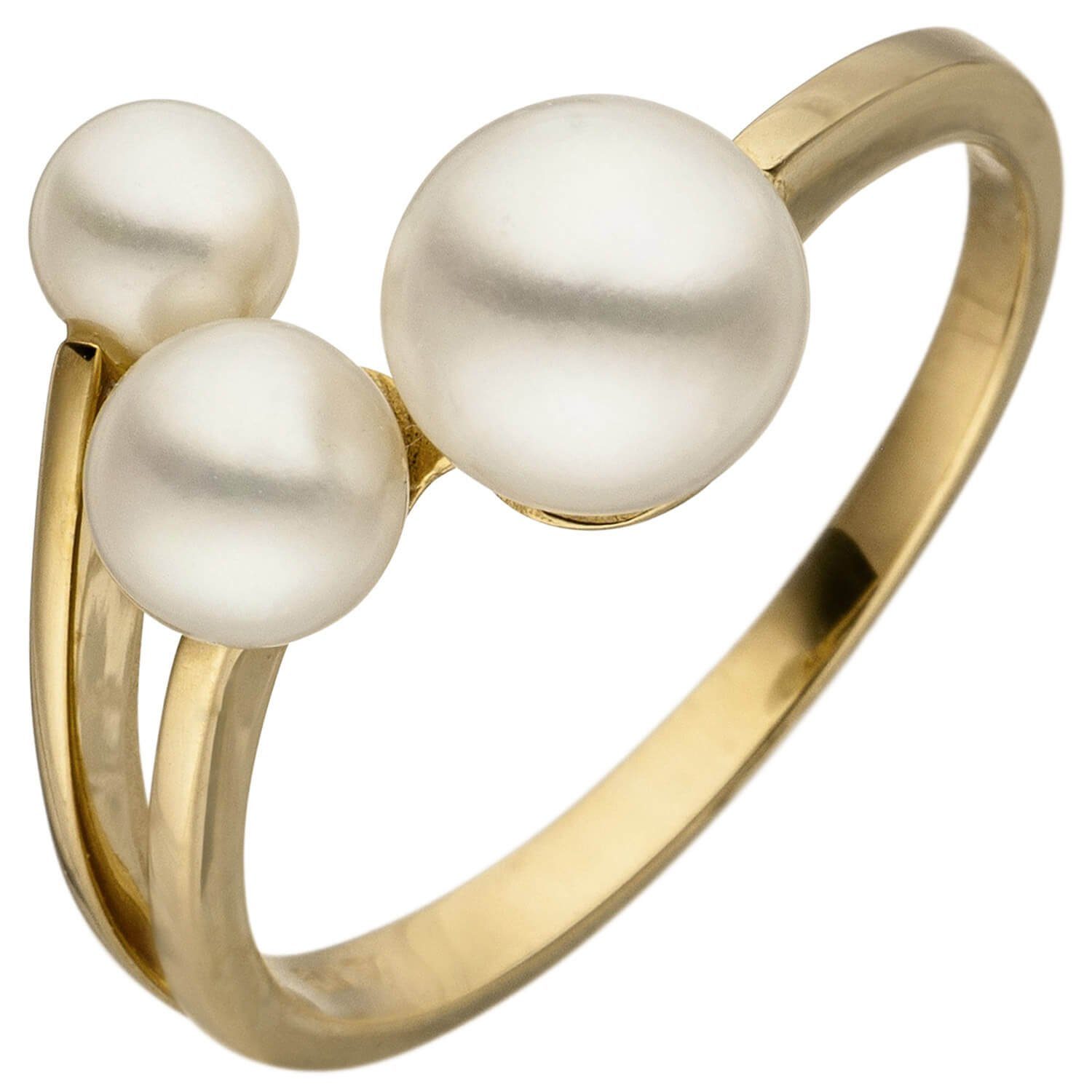 Schmuck Krone Fingerring Ring Damenring mit 3 Süßwasser Perlen 585 Gold Gelbgold Fingerring Damen, Gold 585