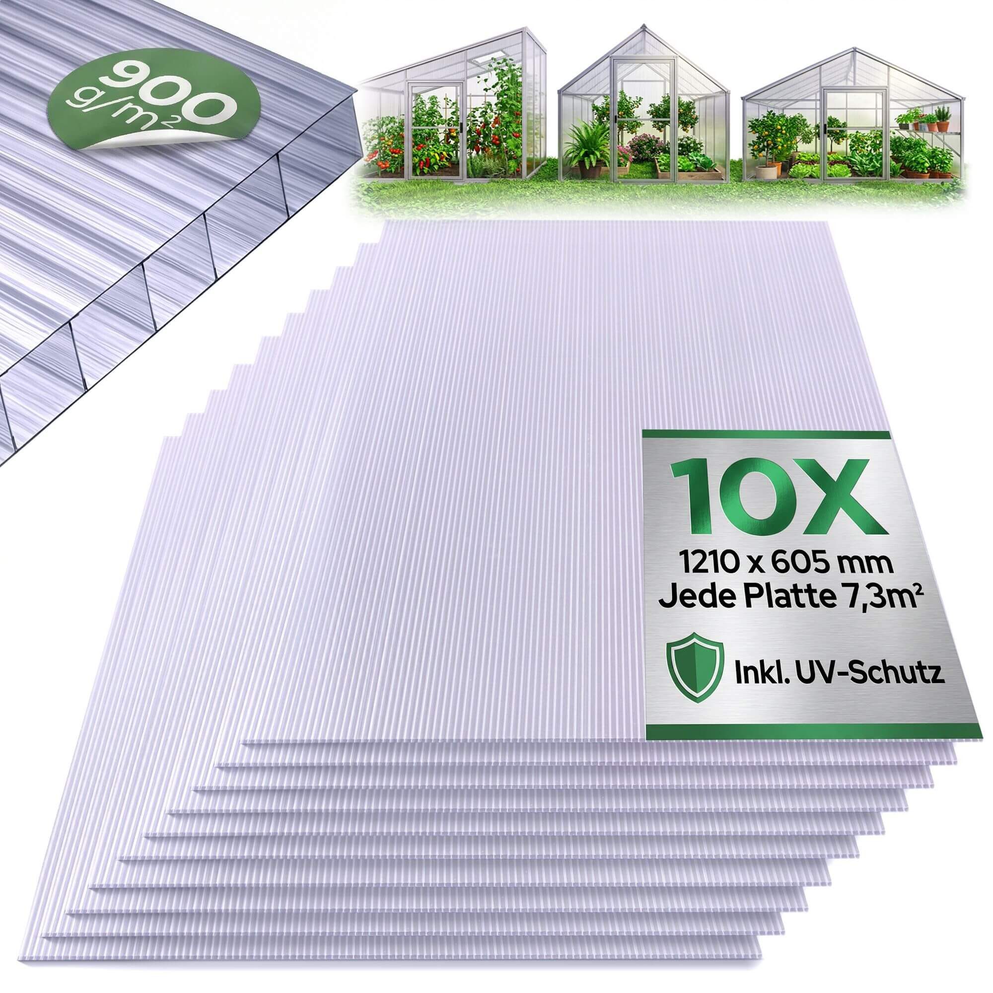 Arebos Hohlkammerplatte Transparent, für Gewächshaus, Carport, Frühbeet, Überdachung, 6 mm, 900 m², (10-St)