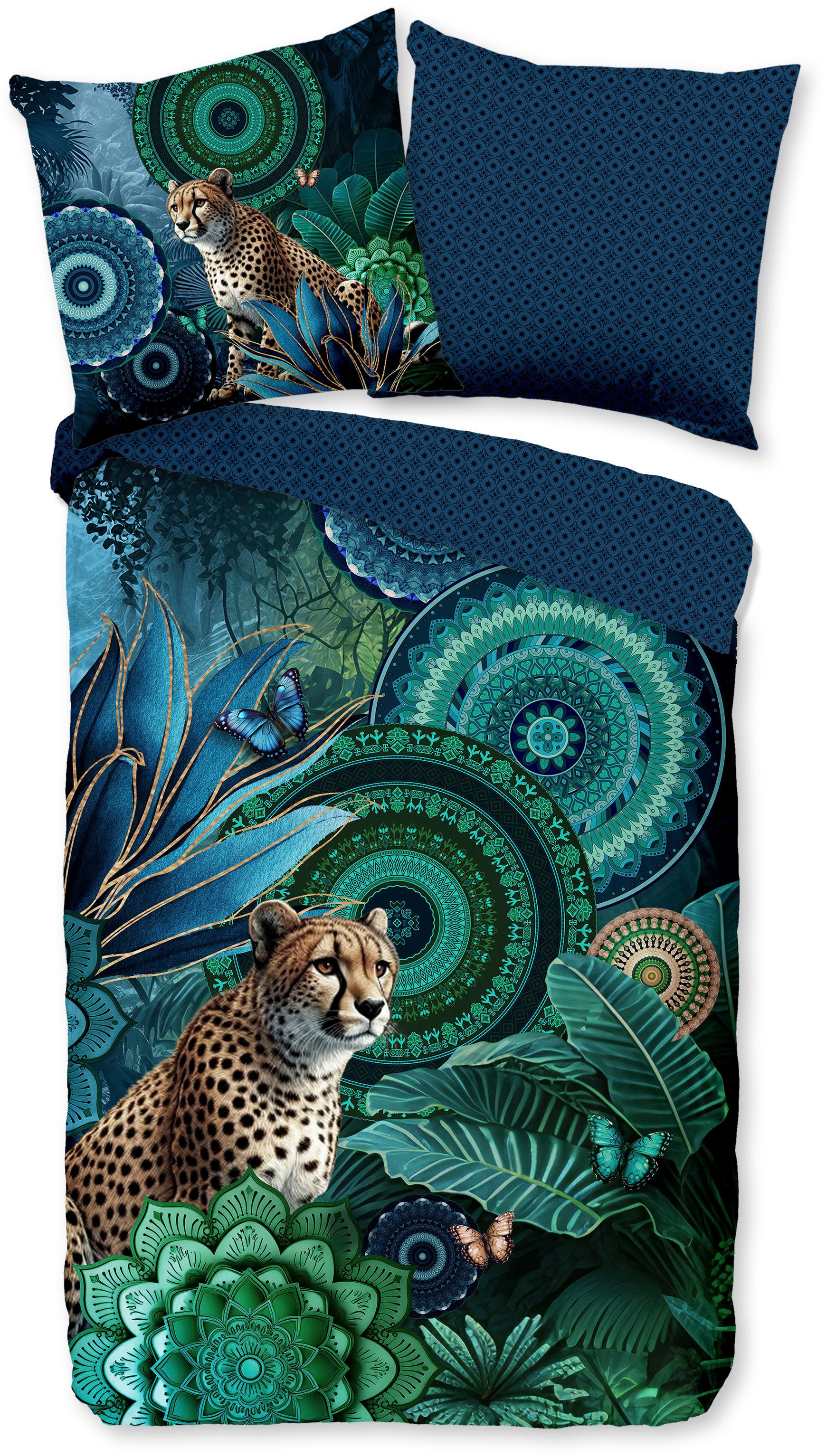 hip Wendebettwäsche Nyah, Mako-Satin, Satin, 2 teilig, Satin, Reißverschluss, Wendeoptik, Mandala, Leopard, Blau, Grün