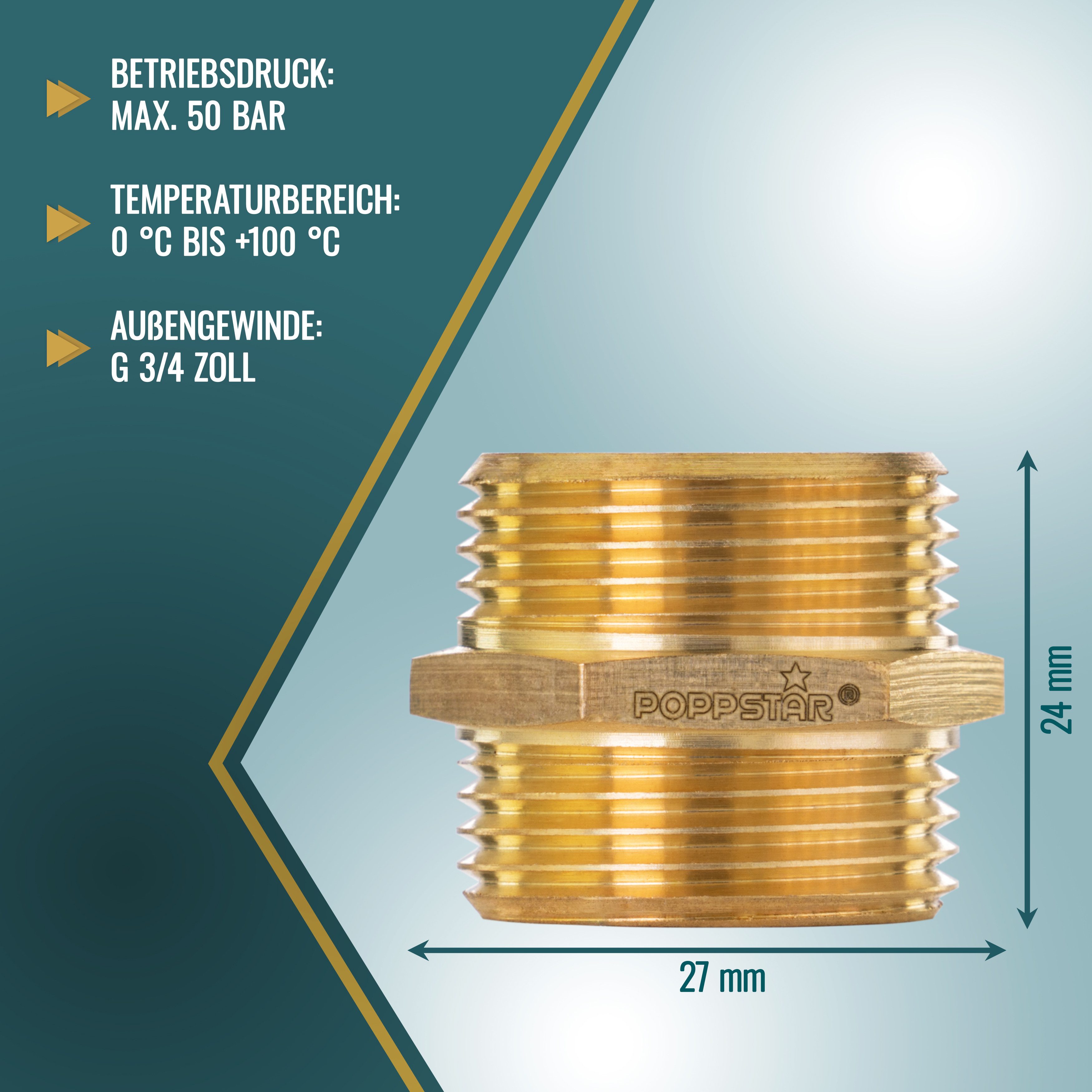 Poppstar Gewindenippel, (1-tlg), Messing Doppelnippel 1 Zoll mit Sechskant