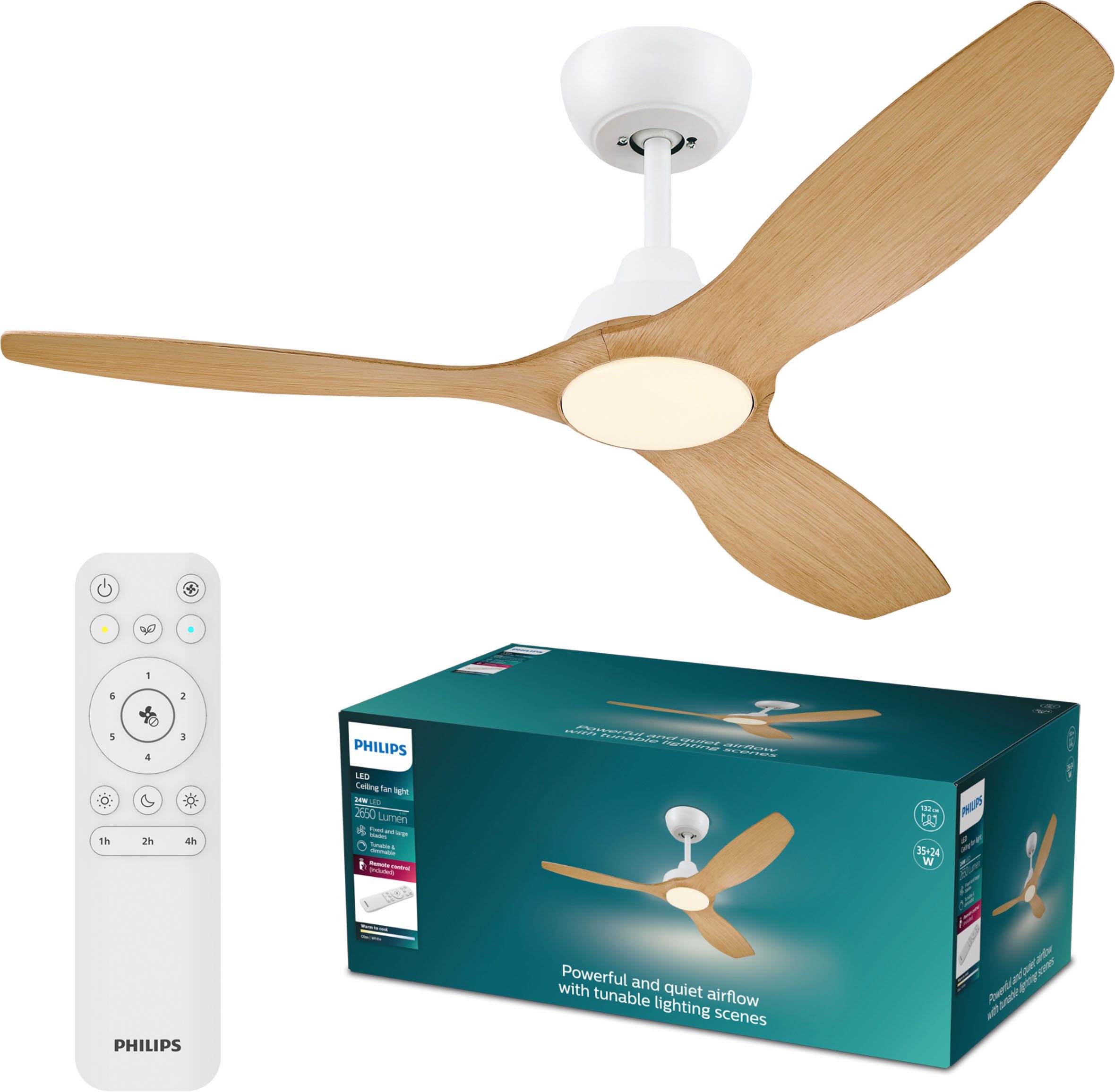 Philips LED Deckenleuchte Olas 24W DC-Ventilator 30W, fixe Rotorblätter, ⌀ 106cm, schwarz-braun, CCT - über Fernbedienung, Dimmer, Dimmfunktion, Ein-/Ausschalter, Farbsteuerung, Fernbedienung, Infrarot inkl., Memoryfunktion, Ventilatorfunktion, dimmbar üb