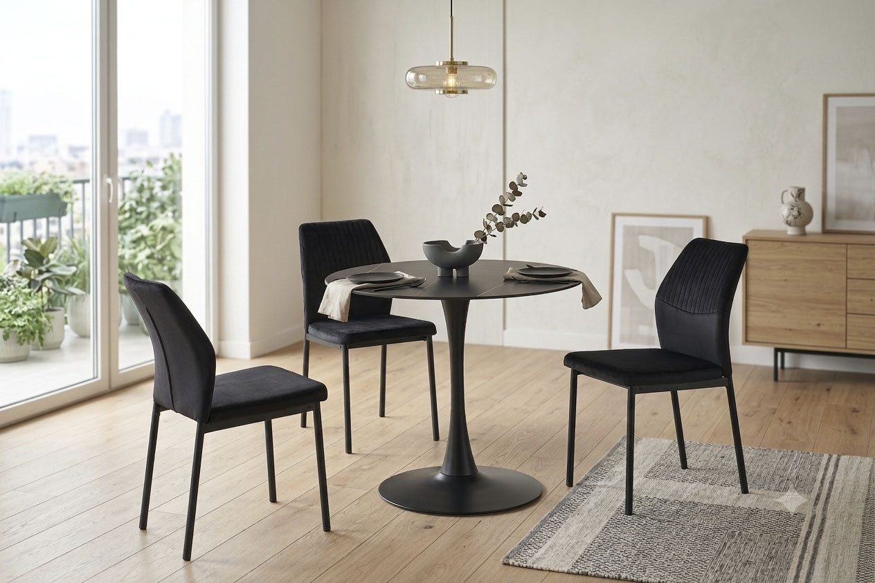 OTTO home Esstisch Freya (1-St), Runder Tisch 90cm in Sinterstein, Black Copper mit schwarzem Säulenfuß