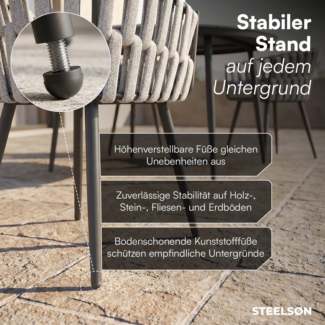 STEELSØN Gartenstuhl Tarian mit Sitzkissen, Loungesessel im Rope-Design (2er-Set, Hellgrau), wetterfest & höhenverstellbar, bis 120kg belastbar