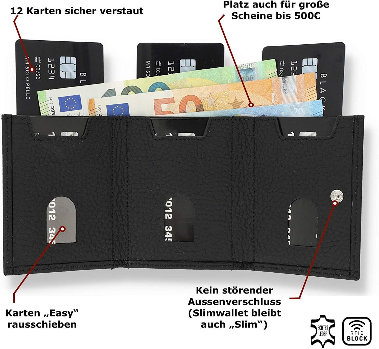 Solo Pelle Brieftasche Europe mit Macde Wallet RFID Schwarz [RFID-Schutz], Münzfach Matt [12 Leder, Riga Karten] echt in Schutz, Slim Slimwallet