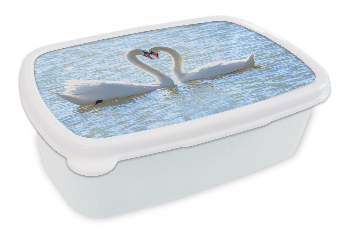 MuchoWow Lunchbox Vögel - Schwan - Wasser - Liebe - Sonne, Kunststoff, (2-tlg), Brotbox für Kinder und Erwachsene, Brotdose, für Jungs und Mädchen weiß