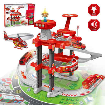 Esun Spiel-Parkgarage Feuerwehr-Parkhaus Spielzeug für Kinder, Parkgarage mit Licht Sound (SET, Komplettset), Feuerwehr Spielzeug ab 3 4 5 6 Jahre Junge