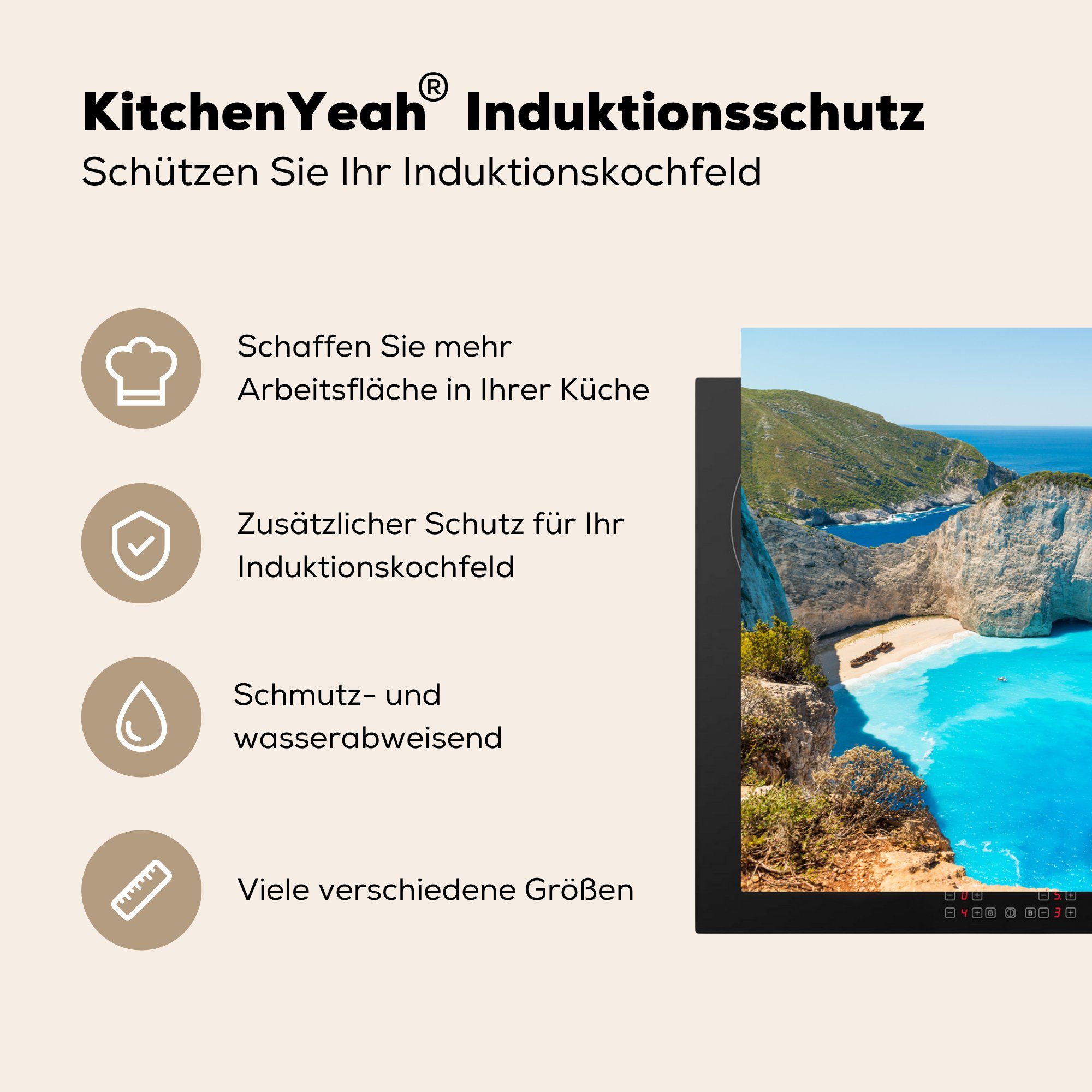 (1 Die Strand MuchoWow 81x52 Schutz Ceranfeldabdeckung die Herdblende-/Abdeckplatte Griechenland, am cm, Vinyl, küche, für von Induktionskochfeld Navagio tlg), in Kalksteinklippen